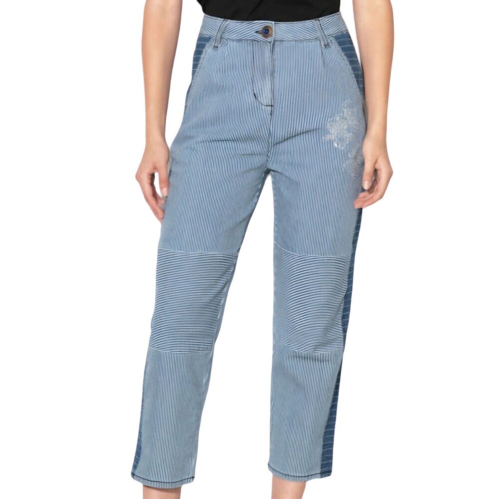Womens M Desigual Blue Jeans Emily Stripe Trousers Patch Embroidery